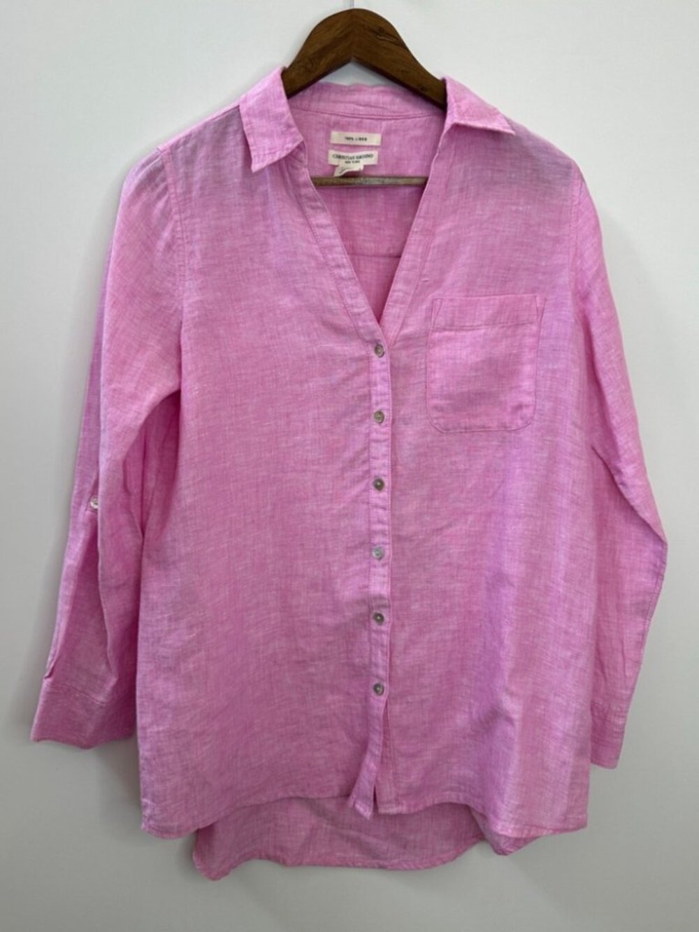 Christian Siriano 100% Linen Button Front Shirt Roll Tab Small Pink Resortwear - Picture 2 of 5
